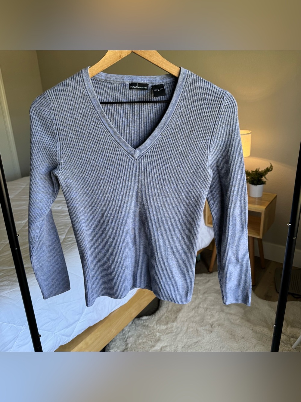 Moda International Women's Ribbed V-Neck Sweater in Steel Blue